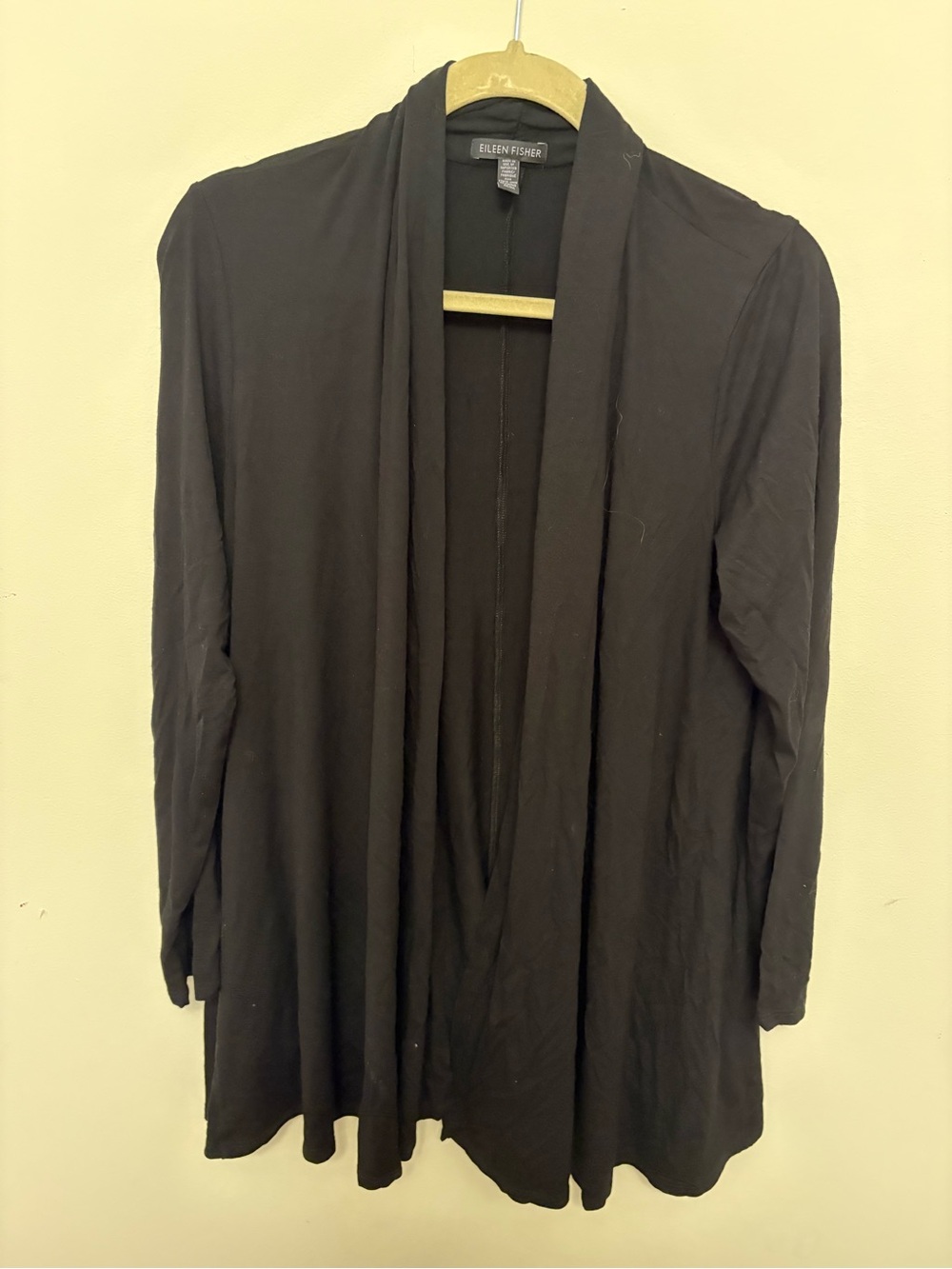 Eileen Fisher Black Open Front Cardigan M Viscose Blend Side Slit Draped Shawl
